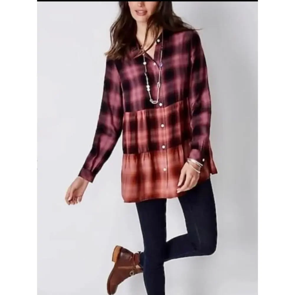 J.Jill Ombre Plaid Tiered Babydoll Button Up Tunic Top Long Sleeve Burgundy Sz M - Picture 14 of 15